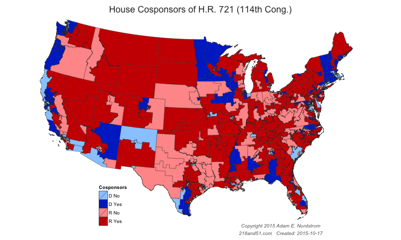 Map rendering actual district size showing the cosponsorship of H.R. 721 (114th Cong.)