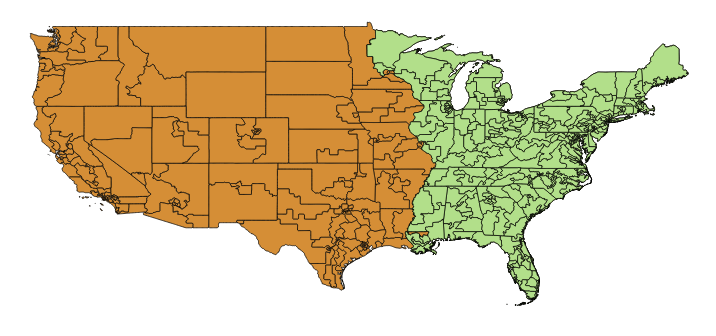 An "accurate" map of the US, showing districts east and west of the Mississippi.