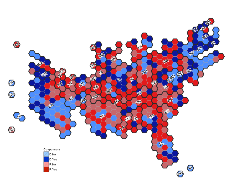 Hex map showing H.R. 721 cosponsorship and party affiliation.
