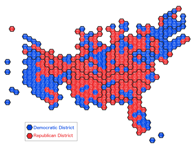 All hex map showing all U.S. congressional districts and territories by party